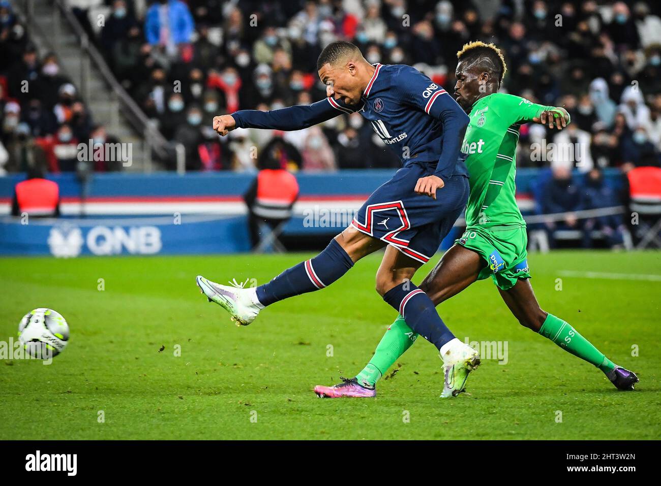 Falaye SACKO of Saint Etienne and Kylian MBAPPE of PSG during the French championship Ligue 1 football match between Paris Saint-Germain and AS Saint-Etienne on February 26, 2022 at Parc des Princes stadium in Paris, France - Photo: Matthieu Mirville/DPPI/LiveMedia Stock Photo