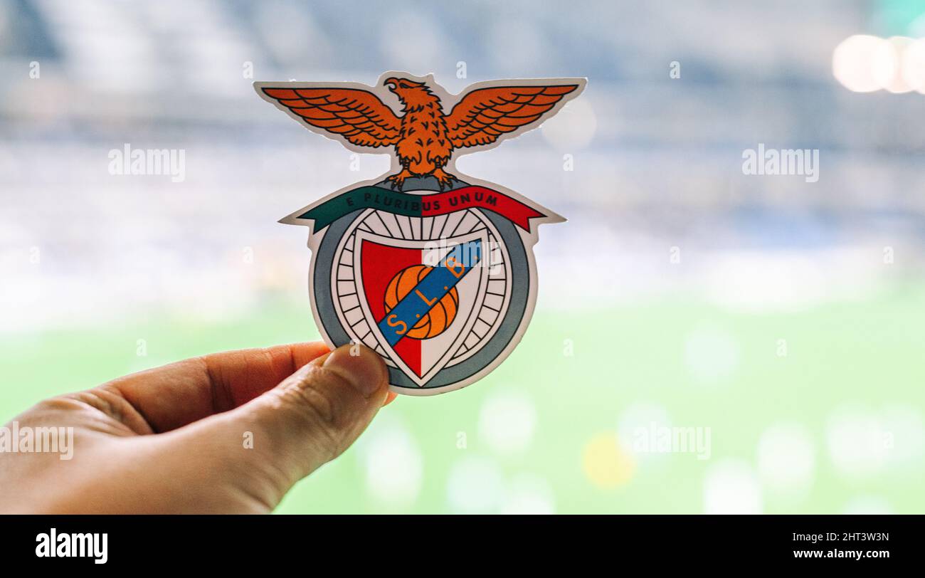 September 12, 2021, Lisbon, Portugal. football club emblem S.L.  Benfica against the backdrop of a modern stadium. Stock Photo