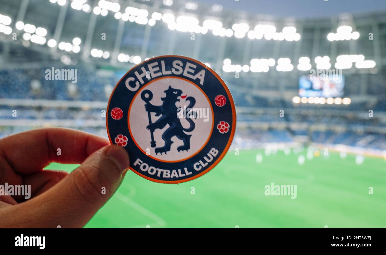 September 12, 2021, London, United Kingdom. The emblem of the Chelsea F.C.  football club on the background of a modern stadium Stock Photo - Alamy