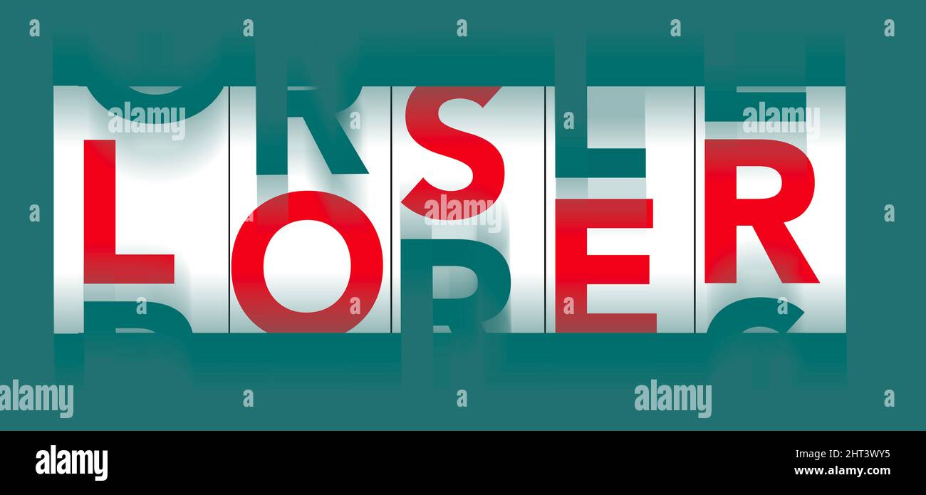 GAMBLING LOSER-The word loser appears to be lining up on the spinning wheels of a casino slot machine in this typographic illustration. Stock Photo