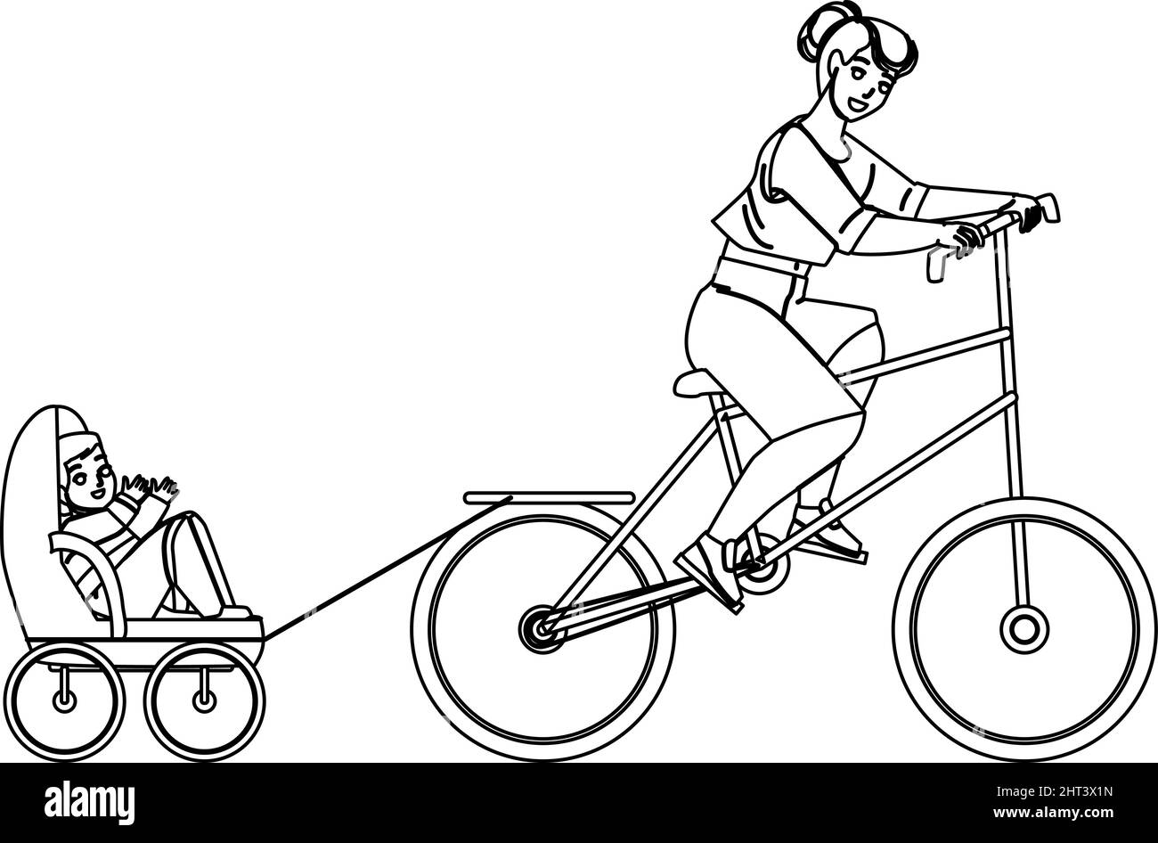 Mother And Son Riding Bike Trailer Outdoor Vector Stock Vector