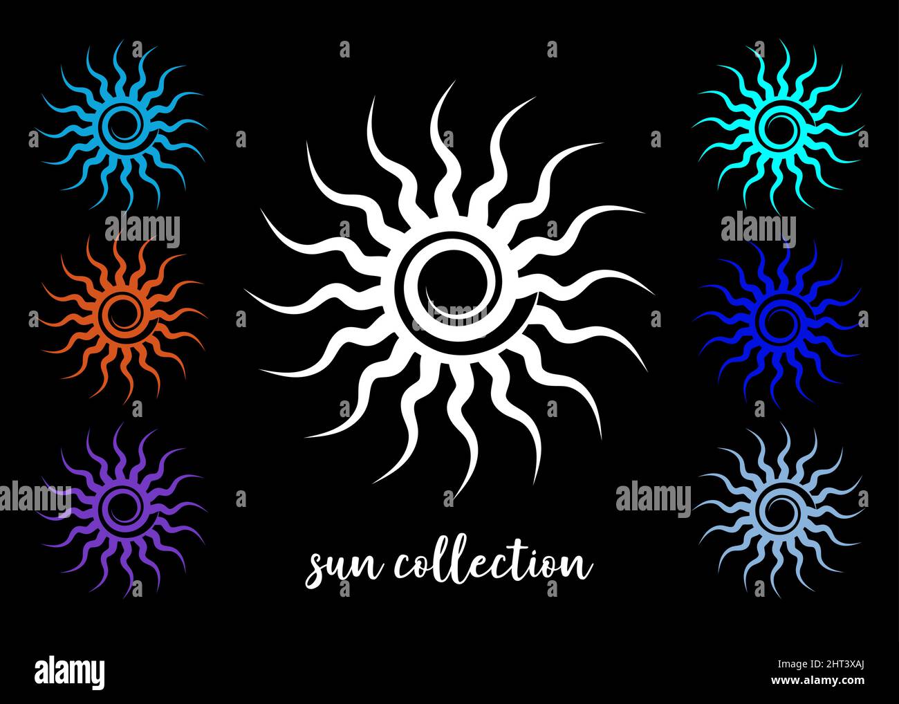Set colorful Tribal Sun Tattoo Sonnenrad Symbol, sun wheel sign. Summer icon. The ancient European esoteric element. Logo Graphic element spiral shape Stock Vector