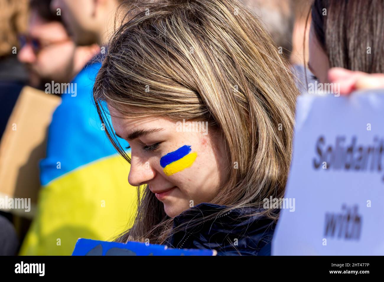 Westminster, London, UK. 26th Feb, 2022. As Russian President Vladimir Putin's military continues to attack Ukraine, Ukrainian nationals in the UK gather to ask the British Prime Minister to demand the World to do more to help remove the Russian invaders from their home country. Credit: Newspics UK South/Alamy Live News Stock Photo