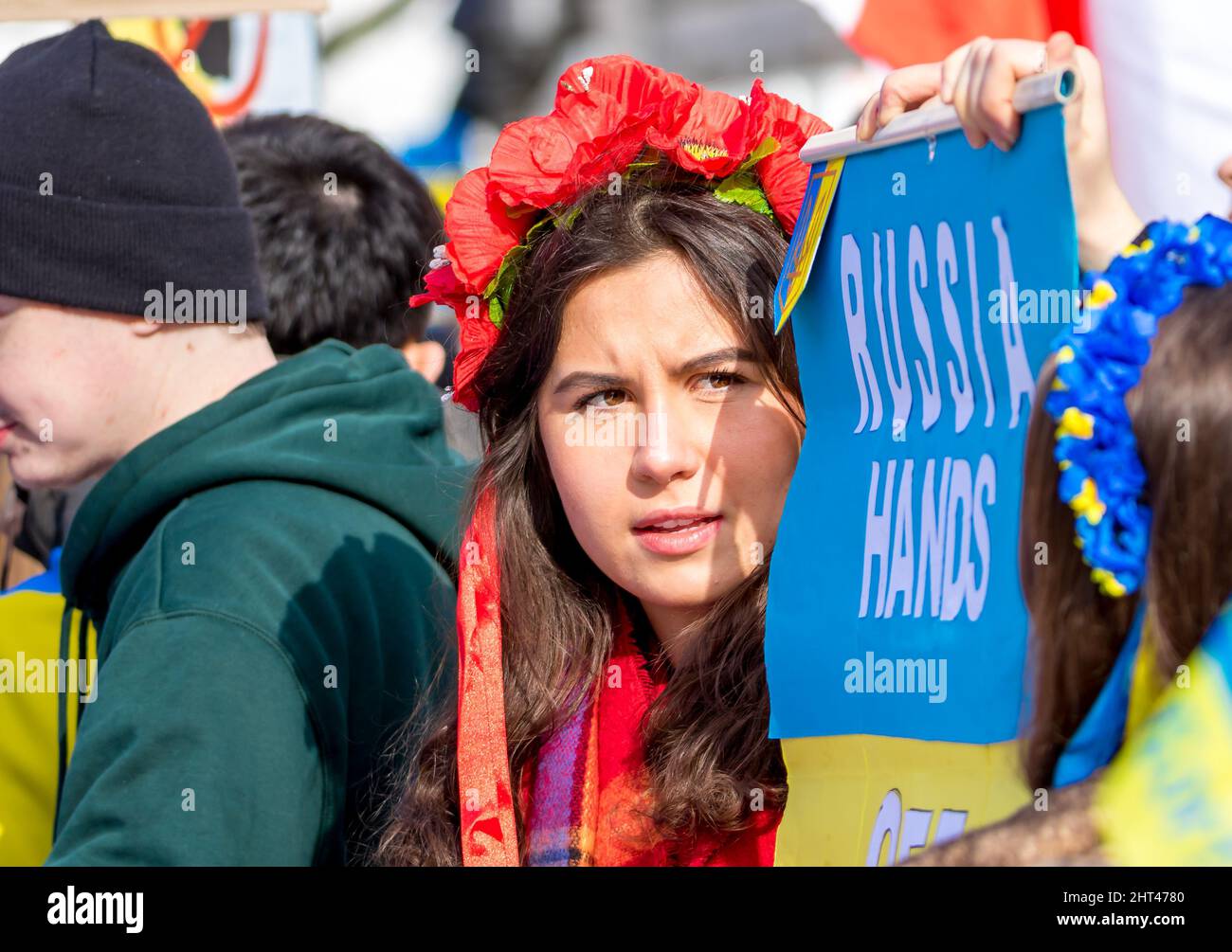 Westminster, London, UK. 26th Feb, 2022. As Russian President Vladimir Putin's military continues to attack Ukraine, Ukrainian nationals in the UK gather to ask the British Prime Minister to demand the World to do more to help remove the Russian invaders from their home country. Credit: Newspics UK South/Alamy Live News Stock Photo