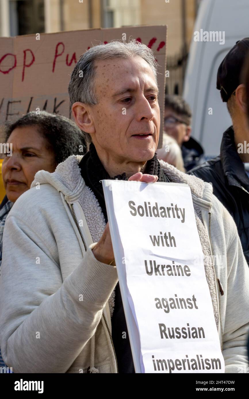 Westminster, London, UK. 26th Feb, 2022. As Russian President Vladimir Putin's military continues to attack Ukraine, Ukrainian nationals in the UK gather to ask the British Prime Minister to demand the World to do more to help remove the Russian invaders from their home country. Credit: Newspics UK South/Alamy Live News Stock Photo