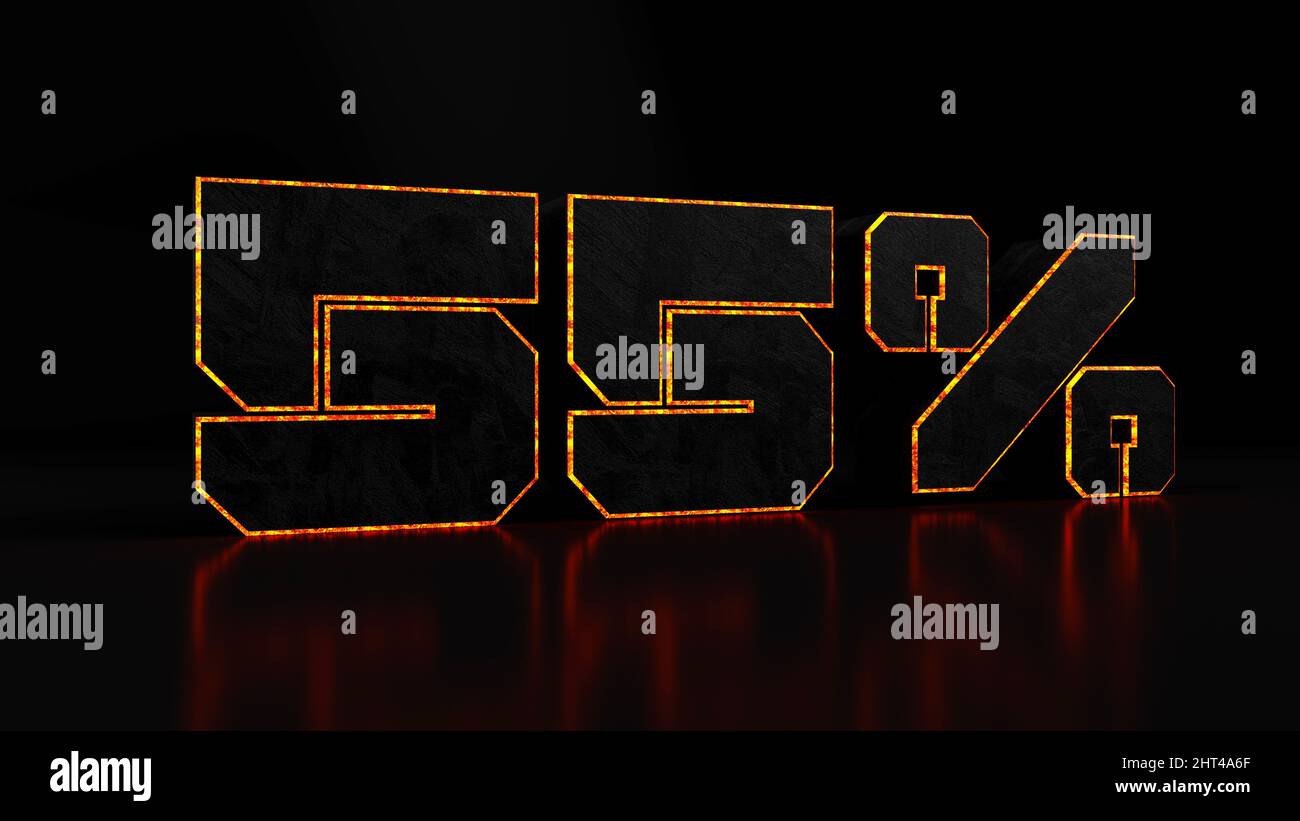 Fifty Point Five Percent Fifty-five percent sign with gold borders and red reflection on a black ...