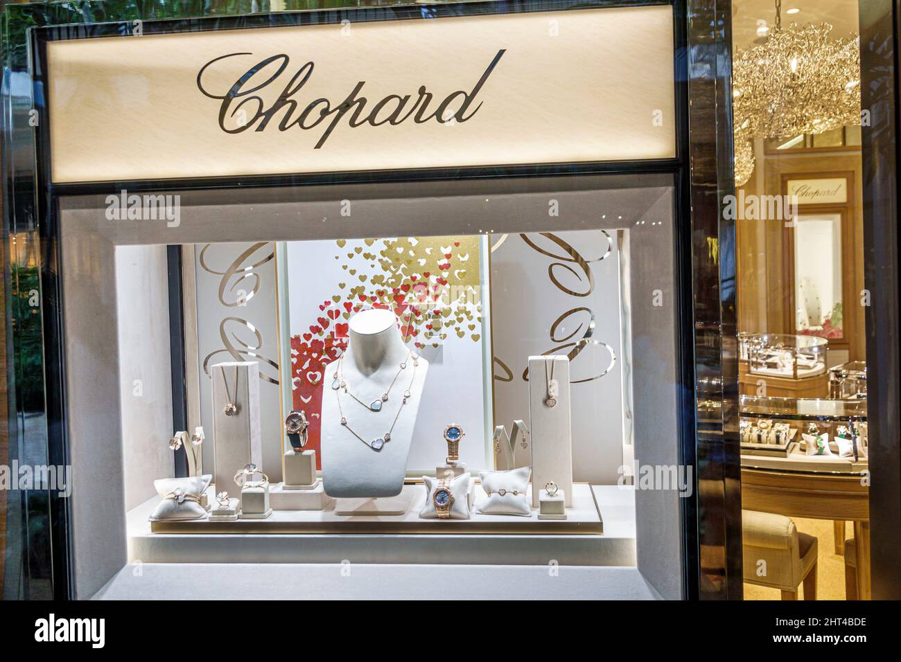 Bal Harbour Florida Bal Harbour Shops upscale luxury designer mall shopping Chopard Boutique store window display sale jewelry jewellery store sign Stock Photo
