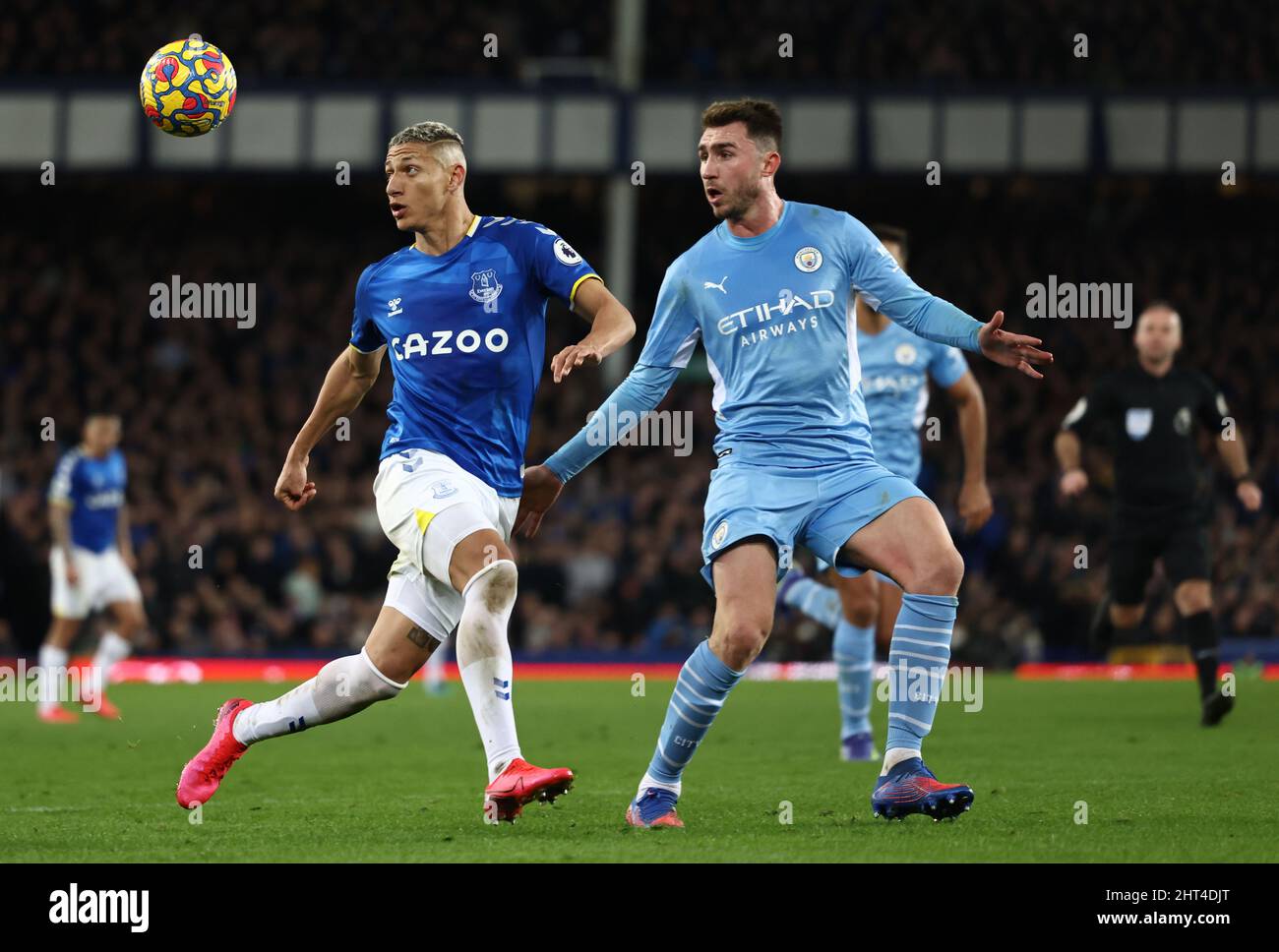 Liverpool, England, 26th February 2022.  Aymeric Laporte of Manchester City challenges Richarlison of Everton during the Premier League match at Goodison Park, Liverpool. Picture credit should read: Darren Staples / Sportimage Credit: Sportimage/Alamy Live News Stock Photo