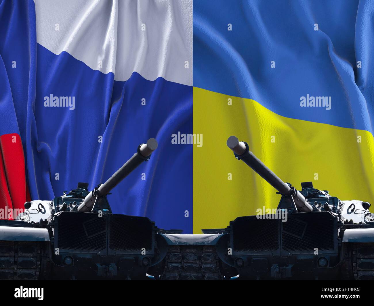 DCIM100MEDIADJI_0889.JPGRussia Ukraine conflict. tanks on the flags of Russia and Ukraine in the background Stock Photo