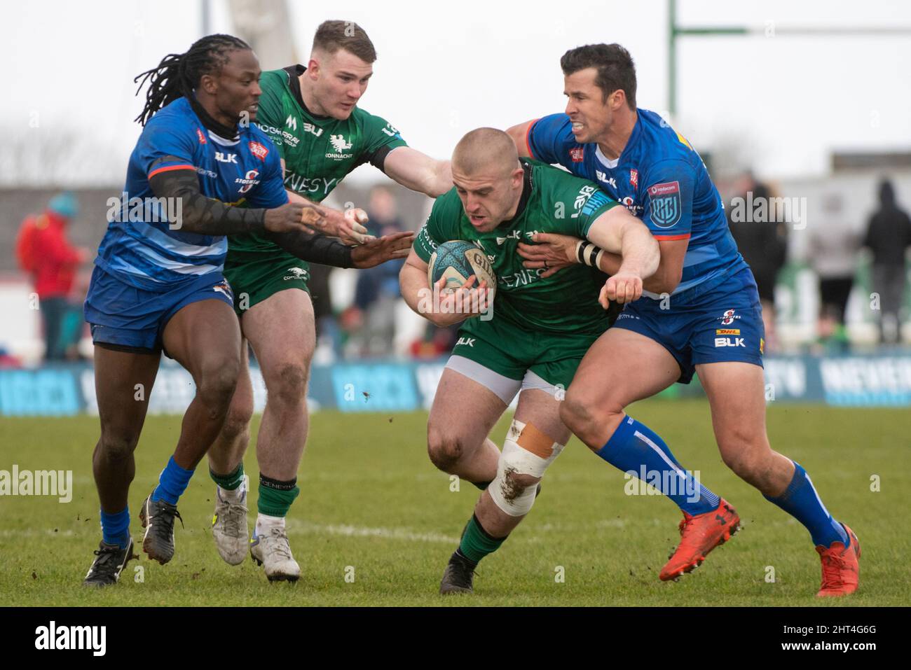 Jordan Duggan of Connacht tackled by Ruhan Nel of Stormers during the  United Rugby Championship Round 10 match between Connacht Rugby and DHL  Stormers at the Sportsground in Galway, Ireland on February