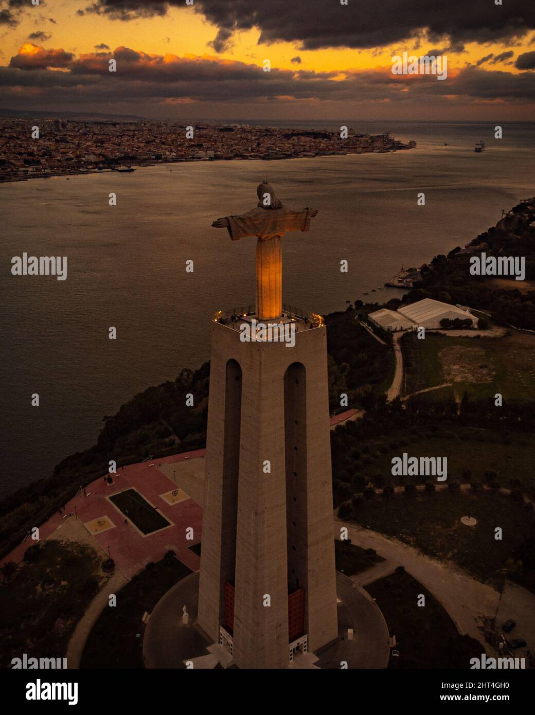 Aerial View Of The Sunset At Cristo Rei Statue At The Tejo River Close 