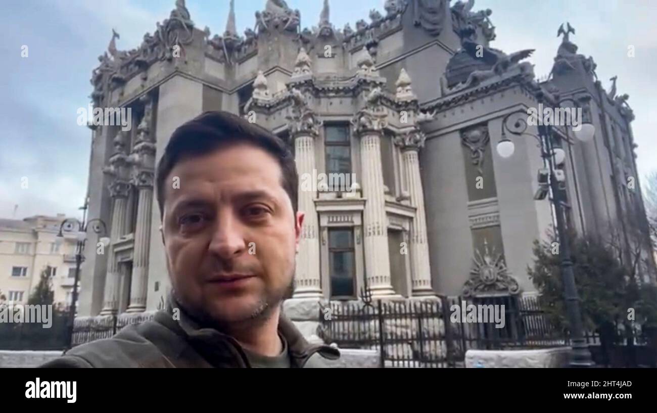 Ukraine President Volodymyr Zelenskyy on the street in Kyiv, Ukraine as Russian forces advance into the country. Zelenskyy has vowed that he will stay in Kyiv and fight with the people of Ukraine. (Credit: Ukraine President Volodymyr Zelenskyy) Stock Photo