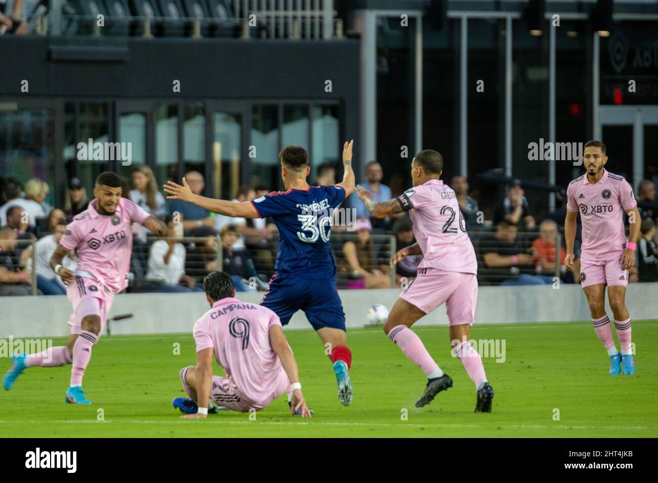 Fort Lauderdale, FL, USA. 26th Feb. 2022. 9 Leonardo Campana FW Inter Miami CF, 30 Gaston Gimenez MF Chicago Fire FC during soccer game between Inter Miami CF vs Chicago Fire FC, MLS 2022 season at DRV Pink Stadium. Credit: Yaroslav Sabitov/YES Market Media/Alamy Live News Stock Photo