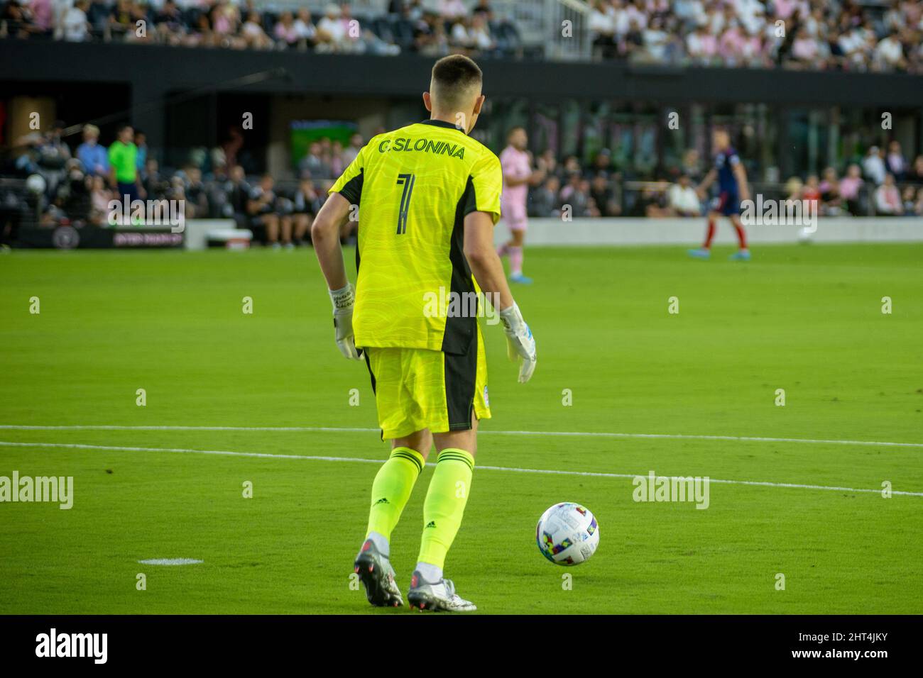 Fort Lauderdale, FL, USA. 26th Feb. 2022. 1 Gaga Slonina GK Chicago Fire FC during soccer game between Inter Miami CF vs Chicago Fire FC, MLS 2022 season at DRV Pink Stadium. Credit: Yaroslav Sabitov/YES Market Media/Alamy Live News Stock Photo