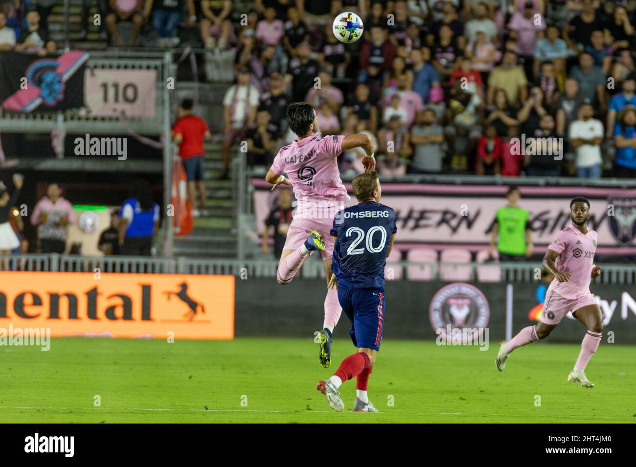 Fort Lauderdale, FL, USA. 26th Feb. 2022. 9 Leonardo Campana FW Inter Miami CF, 20 Wyatt Omsberg DF Chicago Fire FC during soccer game between Inter Miami CF vs Chicago Fire FC, MLS 2022 season at DRV Pink Stadium. Credit: Yaroslav Sabitov/YES Market Media/Alamy Live News Stock Photo