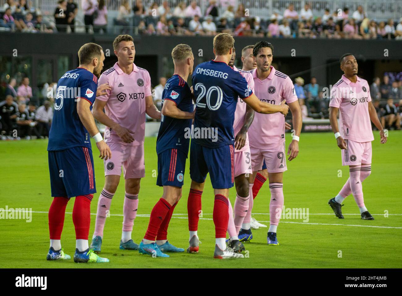 Fort Lauderdale, FL, USA. 26th Feb. 2022. 5 Rafael Czichos DF Chicago Fire FC, 20 Wyatt Omsberg DF Chicago Fire FC during soccer game between Inter Miami CF vs Chicago Fire FC, MLS 2022 season at DRV Pink Stadium. Credit: Yaroslav Sabitov/YES Market Media/Alamy Live News Stock Photo