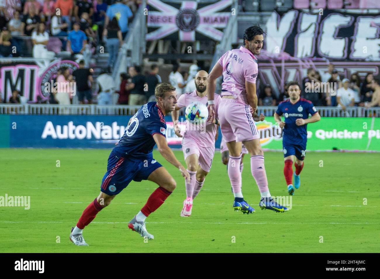 Fort Lauderdale, FL, USA. 26th Feb. 2022. 9 Leonardo Campana FW Inter Miami CF during soccer game between Inter Miami CF vs Chicago Fire FC, MLS 2022 season at DRV Pink Stadium. Credit: Yaroslav Sabitov/YES Market Media/Alamy Live News Stock Photo