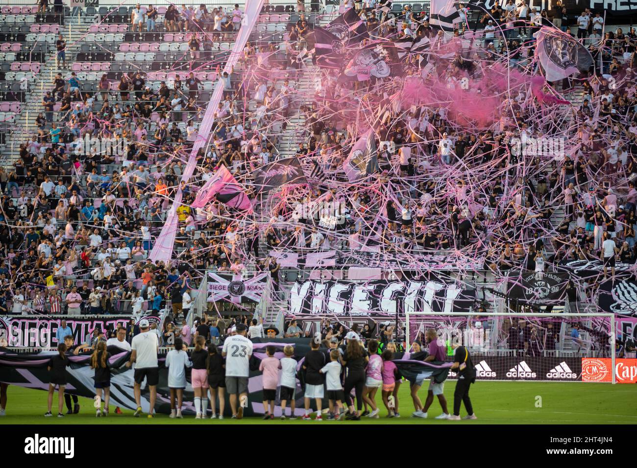 Fort Lauderdale, FL, USA. 26th Feb. 2022. Miami Fans during soccer game between Inter Miami CF vs Chicago Fire FC, MLS 2022 season at DRV Pink Stadium. Credit: Yaroslav Sabitov/YES Market Media/Alamy Live News Stock Photo