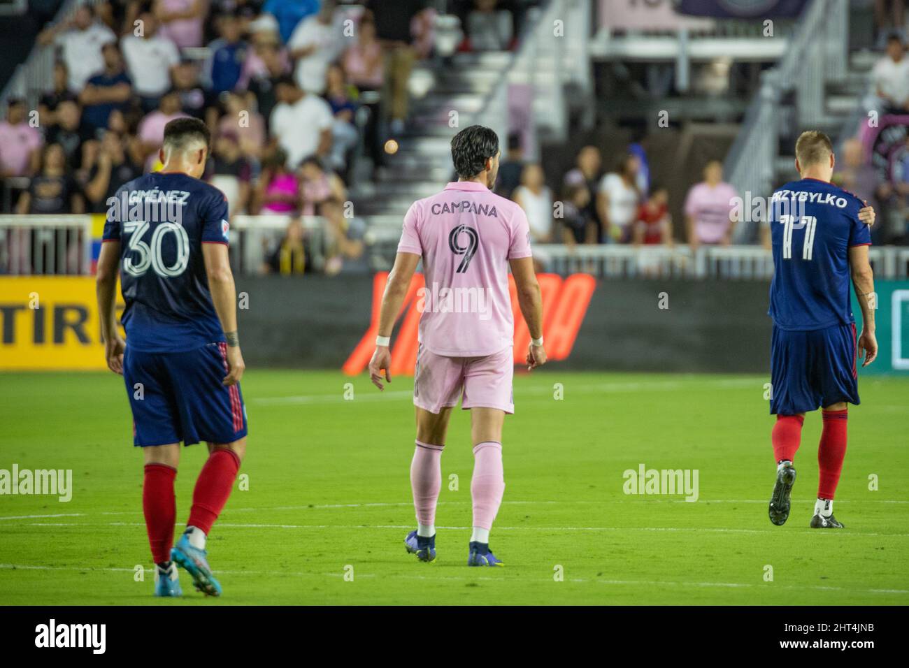 Fort Lauderdale, FL, USA. 26th Feb. 2022. 9 Leonardo Campana FW Inter Miami CF, 30 Gaston Gimenez MF Chicago Fire FC during soccer game between Inter Miami CF vs Chicago Fire FC, MLS 2022 season at DRV Pink Stadium. Credit: Yaroslav Sabitov/YES Market Media/Alamy Live News Stock Photo