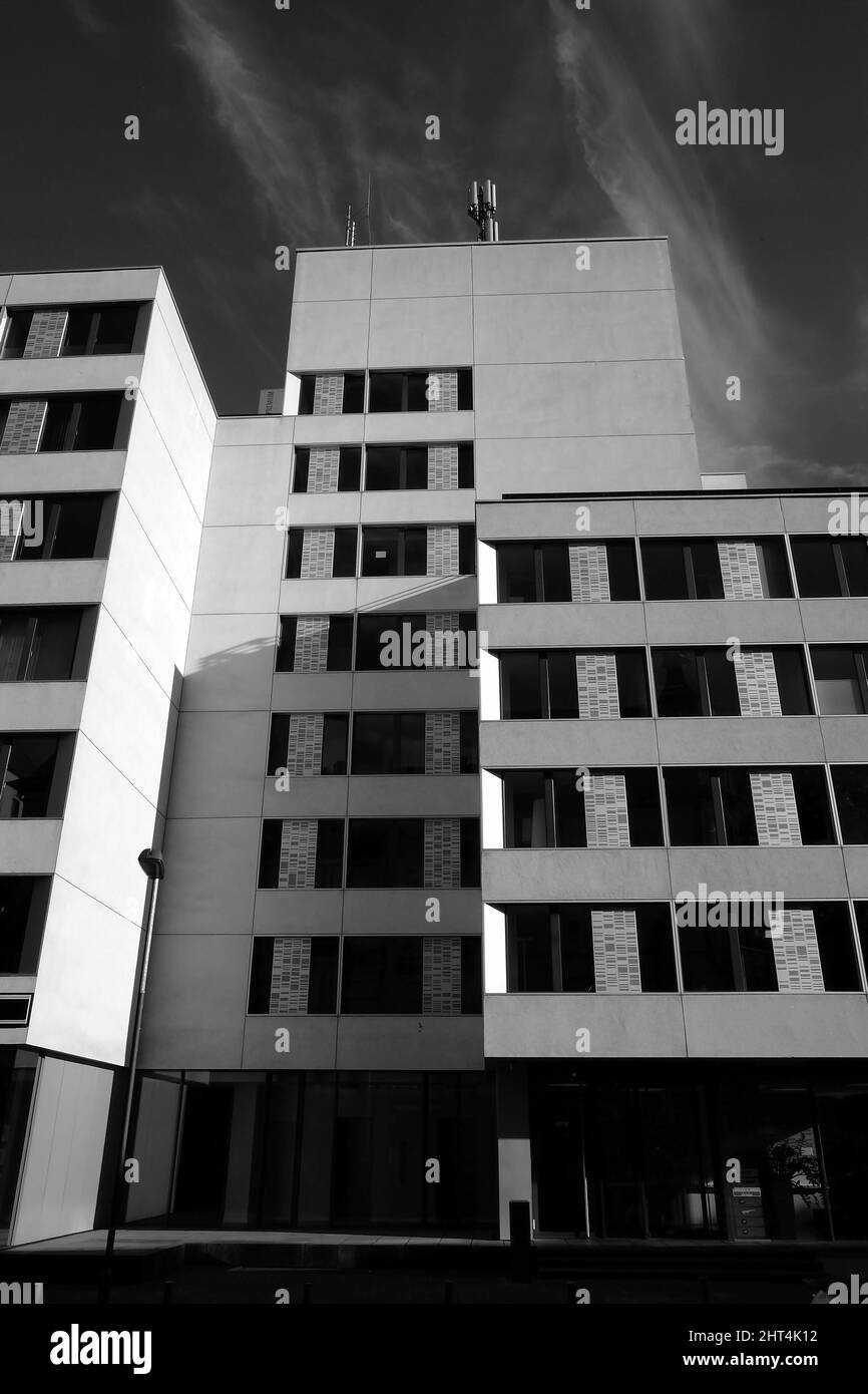Grayscale of a modern office building facade in Frankfurt am Maine, Hesse Stock Photo