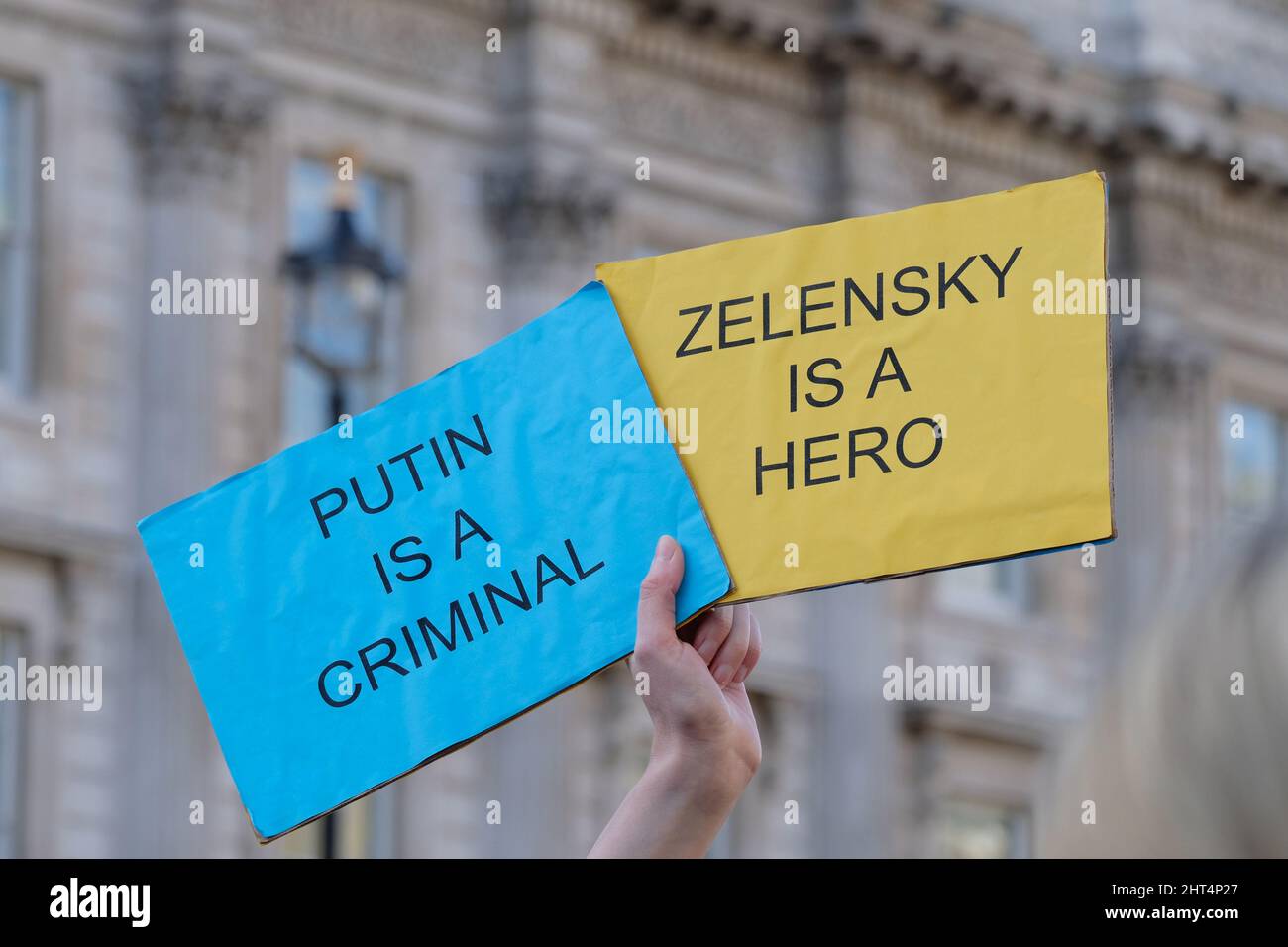 London, UK, 26th Feb, 2022, Hundreds gathered in Whitehall in a rally and demonstration against the Ukrainian invasion, calling for increased economic sanctions, such as cutting access to the Swift payment system to be imposed on Russia's banks. Credit: Eleventh Hour Photography/Alamy Live News Stock Photo