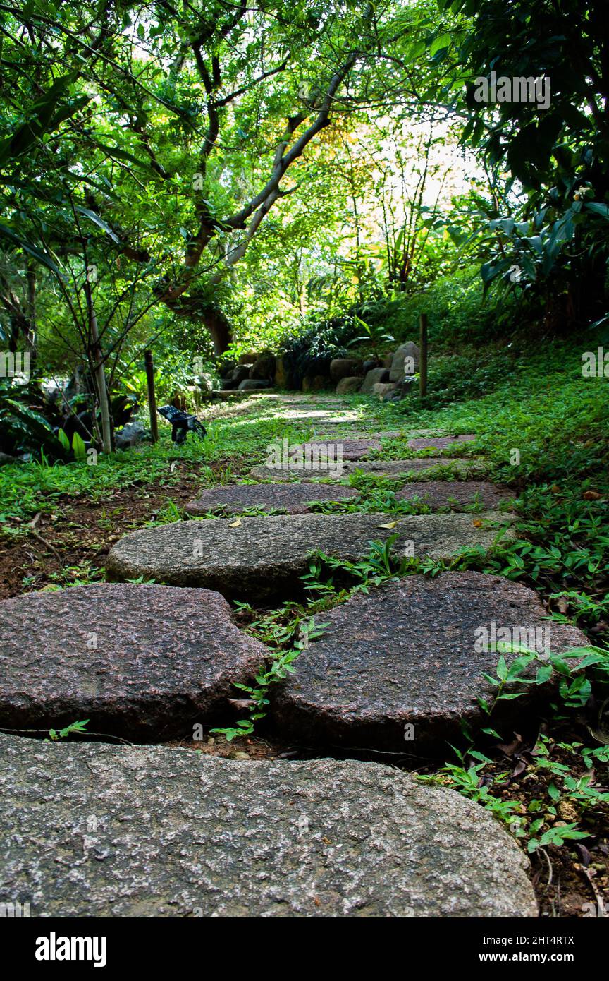 Beautiful garden near the Buddhist Temple in Naha City, Okinawa Japan