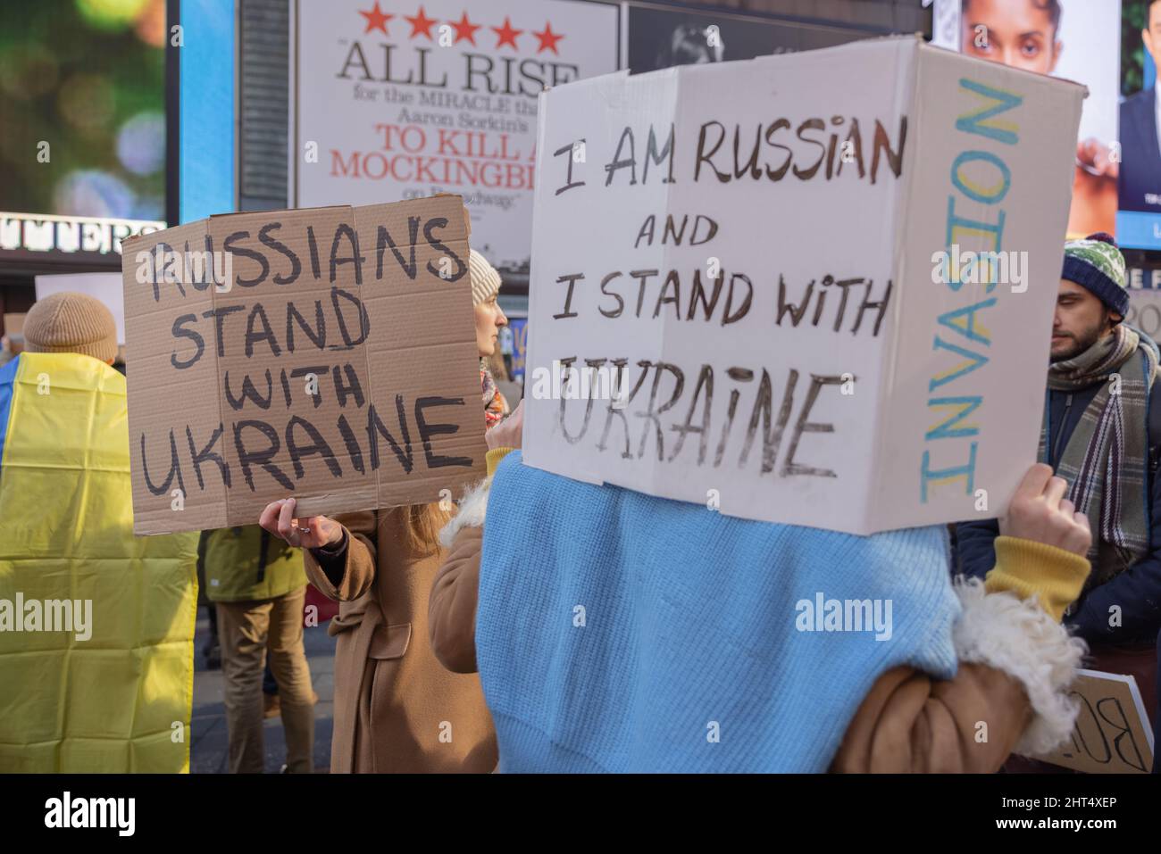 NEW YORK, N.Y. – February 26, 2022: Demonstrators in Times Square protest Russia’s invasion of Ukraine. Stock Photo