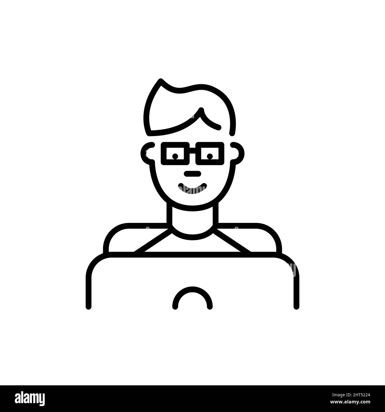 Nerdy teenage boy wearing glasses learning or gaming at a laptop. Pixel perfect, editable stroke icon Stock Vector