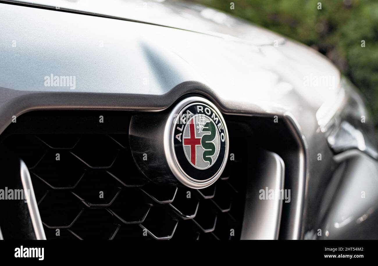 Alfa Romeo logo and badge on mesh grille on front of silver car Stock Photo  - Alamy