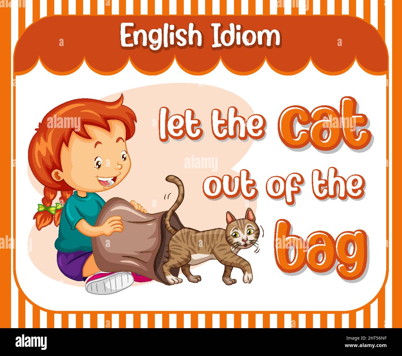 English idiom with let the cat out of the bag illustration Stock Vector