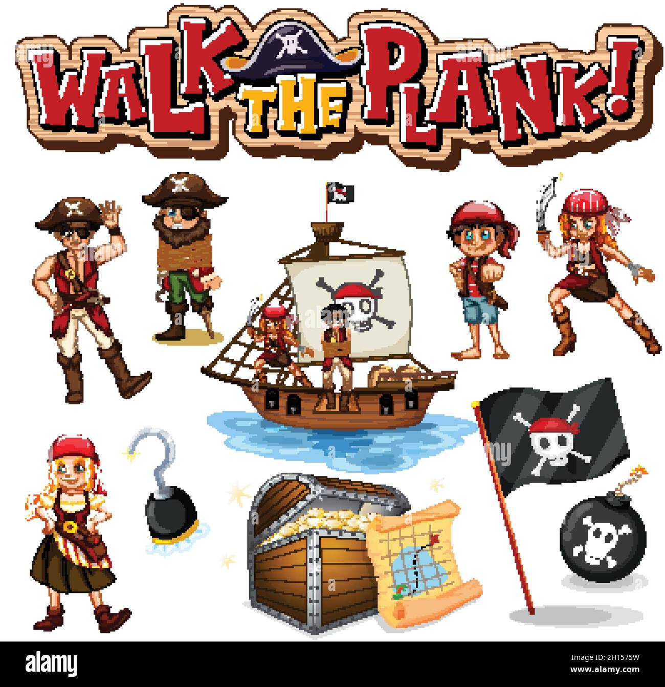Set of pirate cartoon characters and objects illustration Stock Vector ...