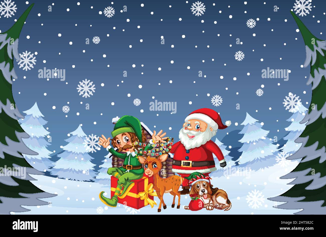 Snowy winter night with Santa Claus and friends illustration Stock ...