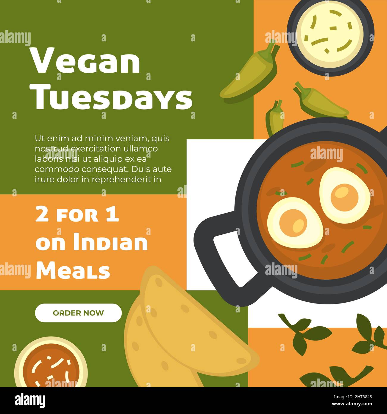 Vegan Tuesdays, Indian meal in restaurant or cafe Stock Vector