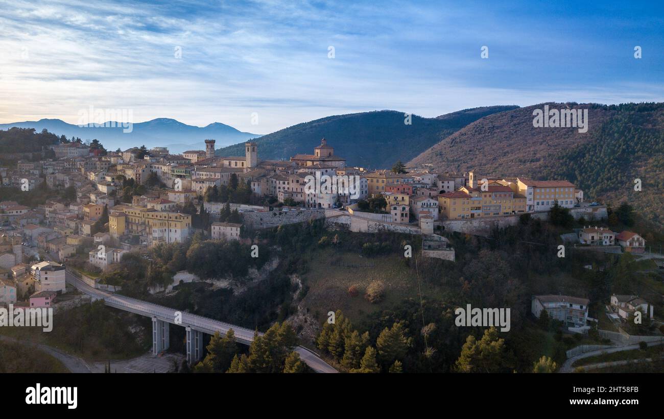 Aerial view of the medieval village of Arcevia in the province of Ancona Stock Photo
