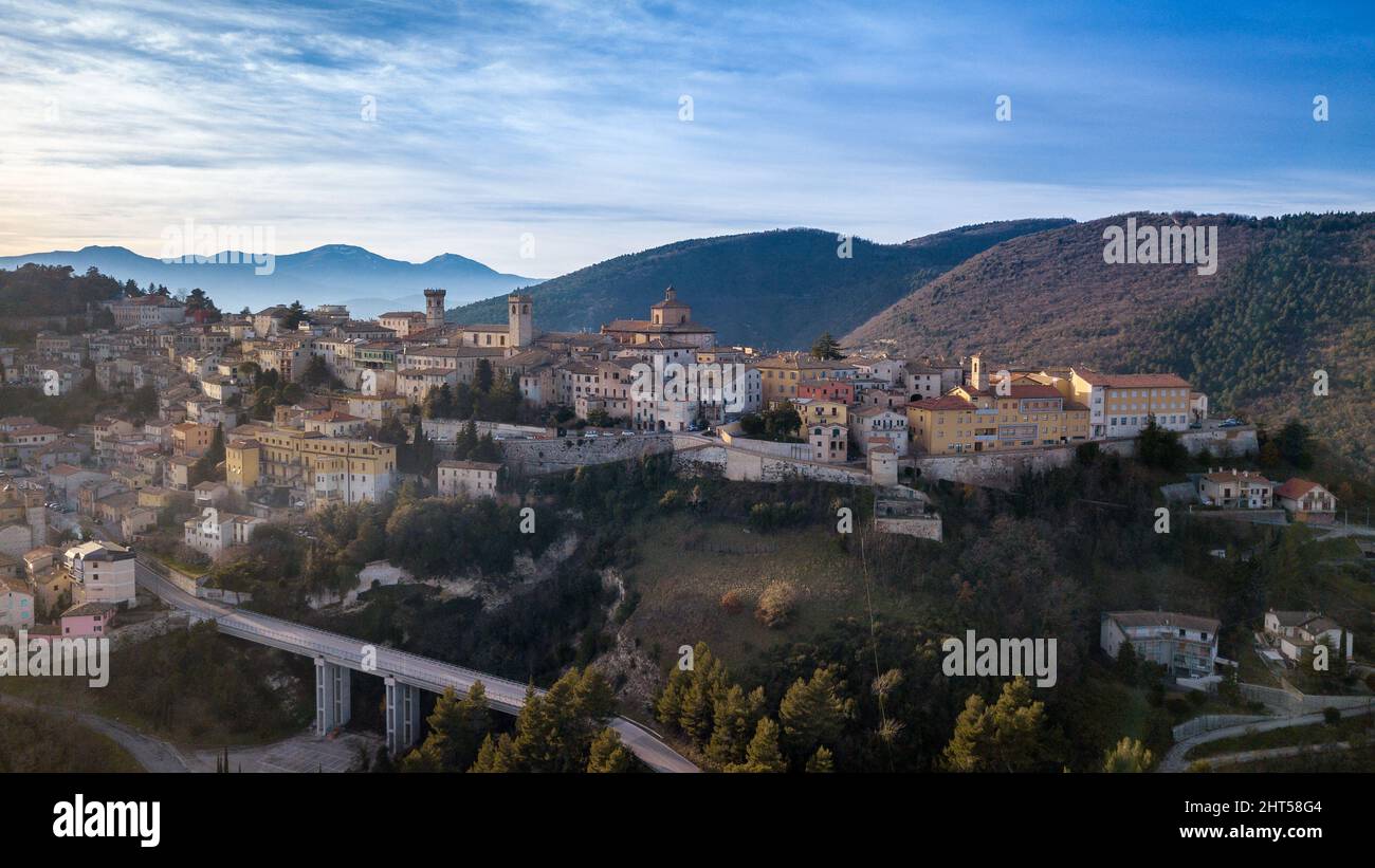 Aerial view of the medieval village of Arcevia in the province of Ancona Stock Photo