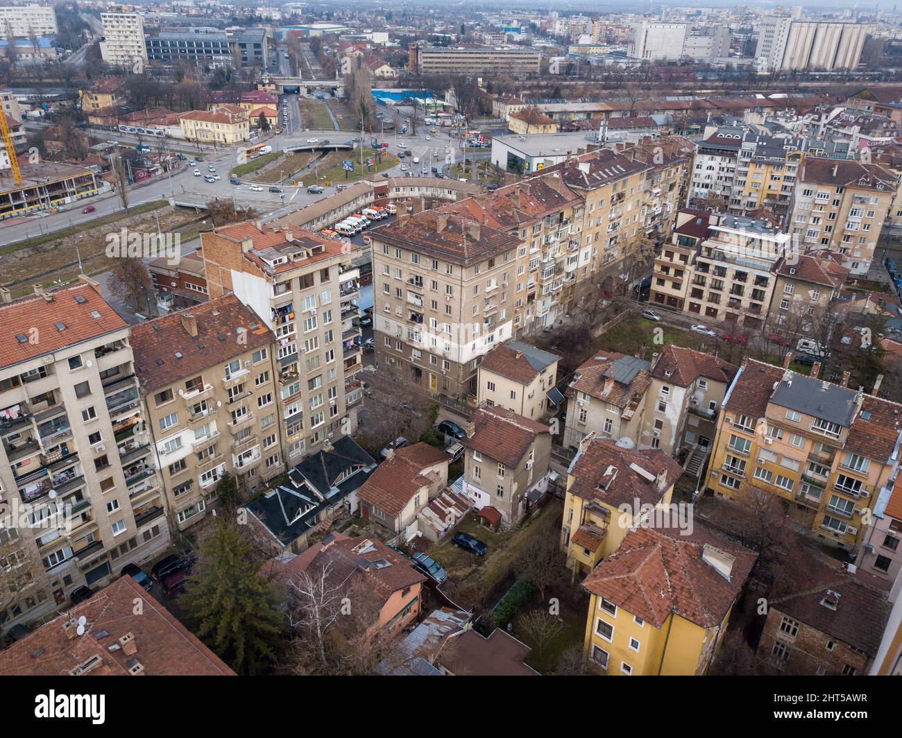 Aerial view of old residential buildings and a cityscape Stock Photo ...