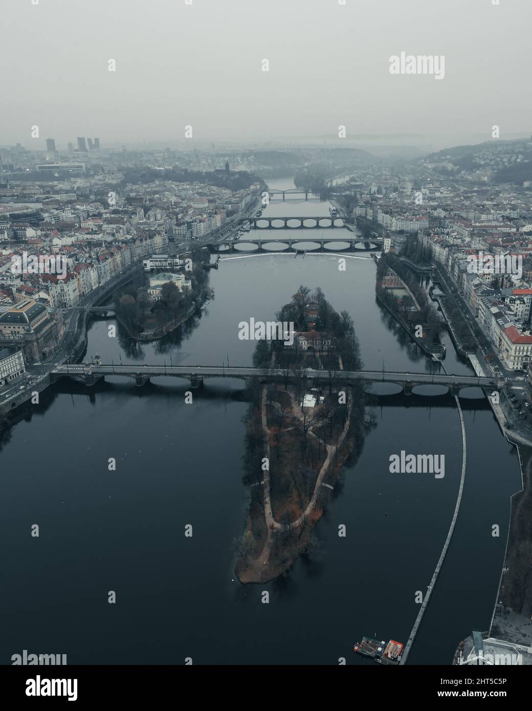 An aerial view of Prague City and Moldau River Stock Photo