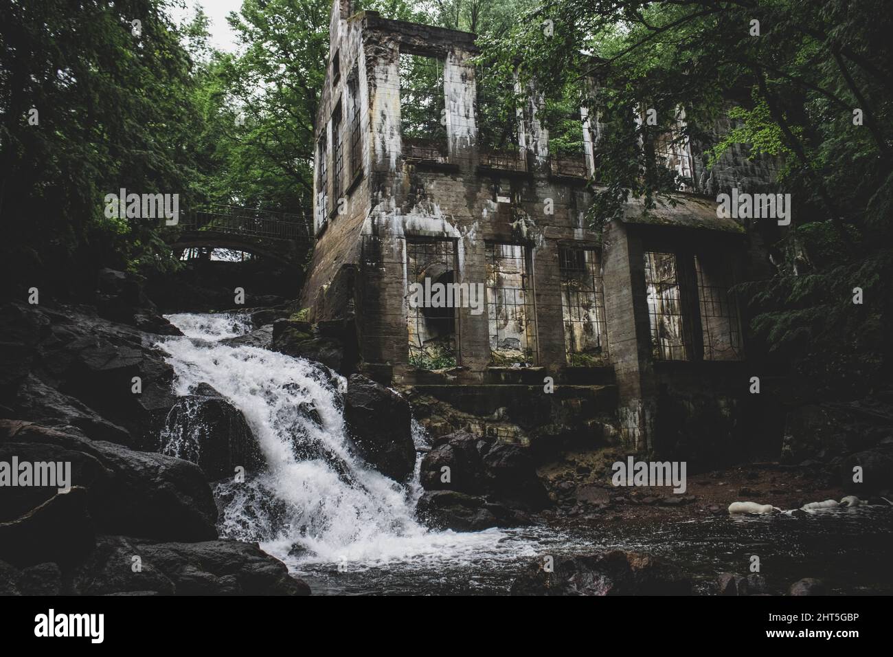 Beautiful view of the Carbide Willson Ruins and the waterfall in Gatineau, Quebec, Canada Stock Photo