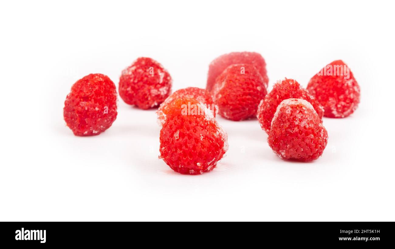 frozen strawberries isolated on white background, ice berry... Stock Photo