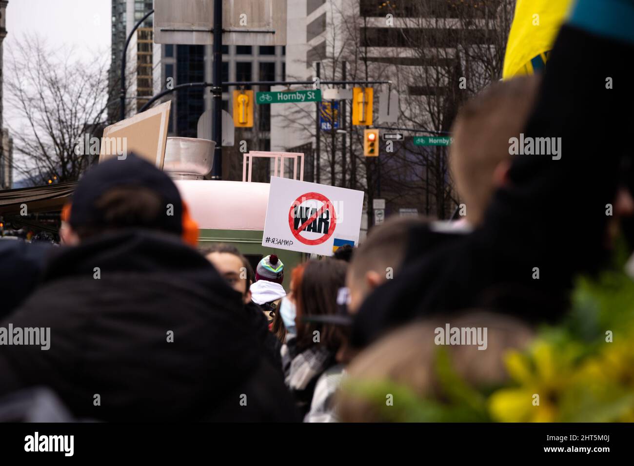 DOWNTOWN VANCOUVER, BC, CANADA - FEB 26, 2022: Protest rally against Vladimir Putin and the Russian invasion of Ukraine that was attended by thousand Stock Photo