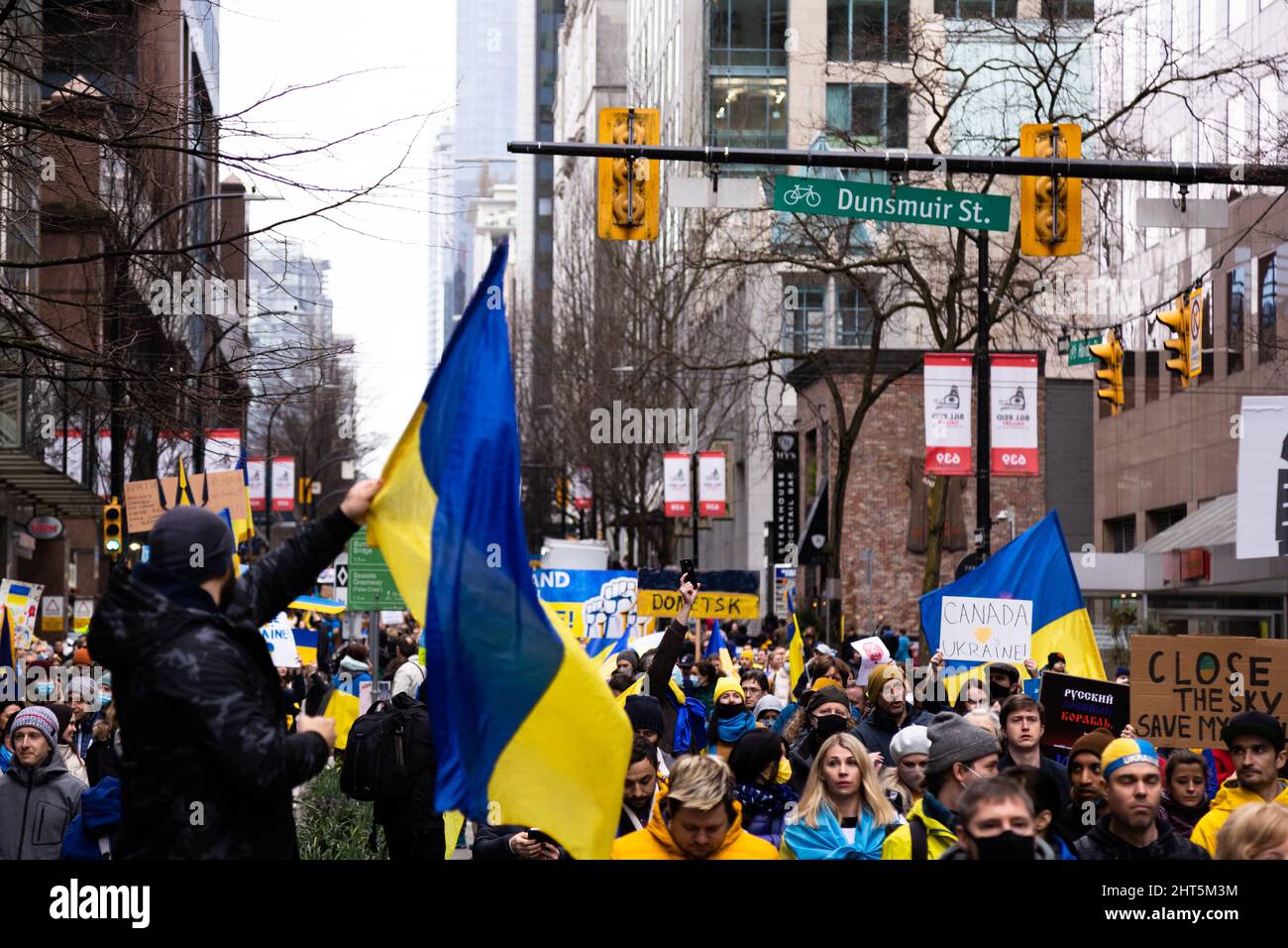 DOWNTOWN VANCOUVER, BC, CANADA - FEB 26, 2022: Protest rally against Vladimir Putin and the Russian invasion of Ukraine that was attended by thousand Stock Photo