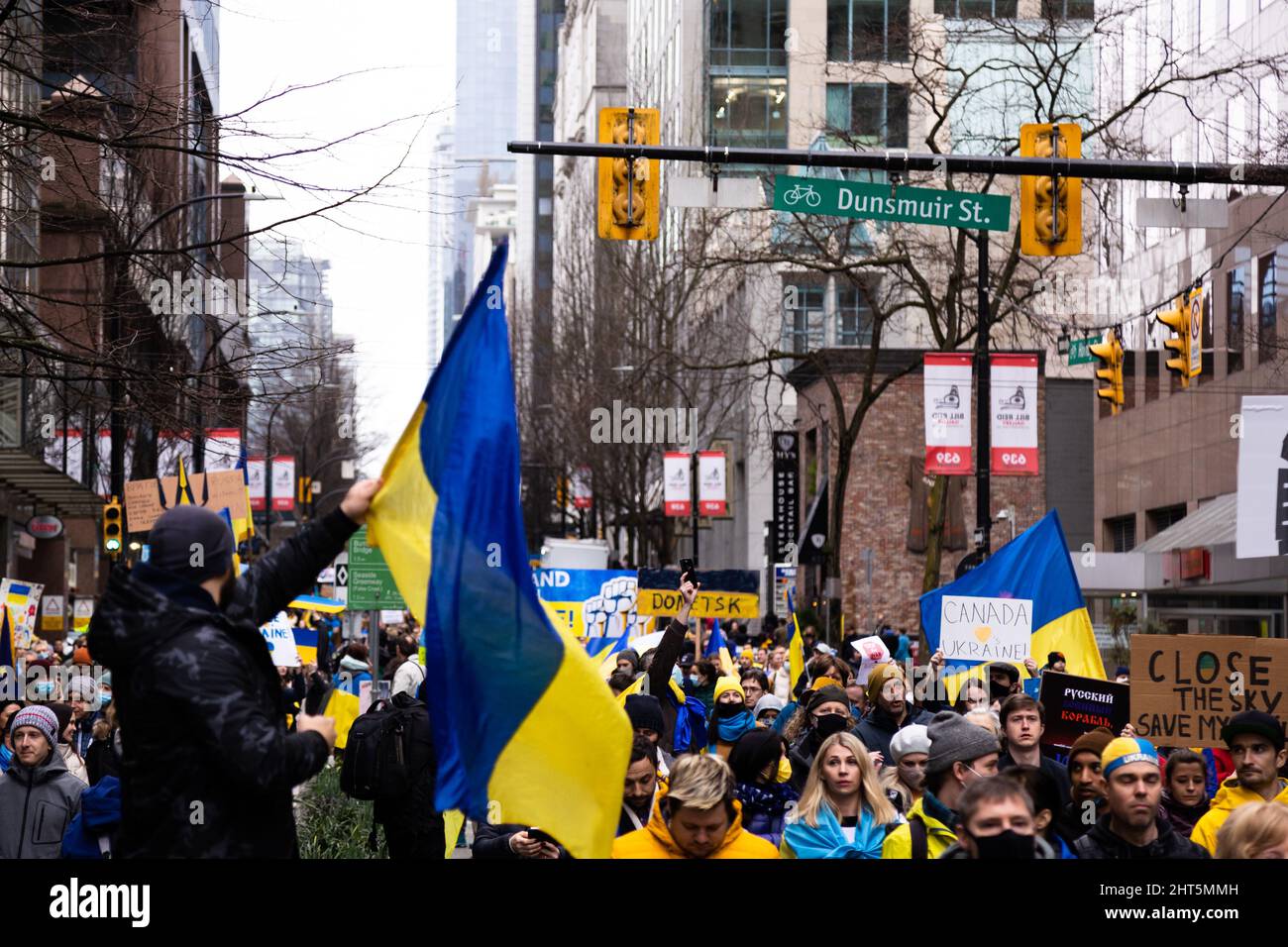 DOWNTOWN VANCOUVER, BC, CANADA - FEB 26, 2022: Protest rally against Vladamir Putin and the Russian invasion of Ukraine that was attended by thousand Stock Photo