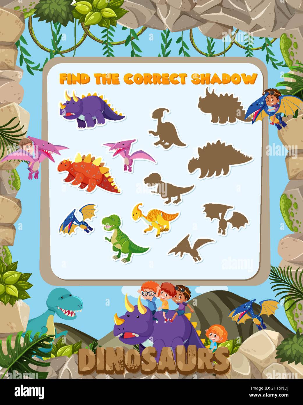 Find the correct shadow game template of dinosaur illustration Stock ...