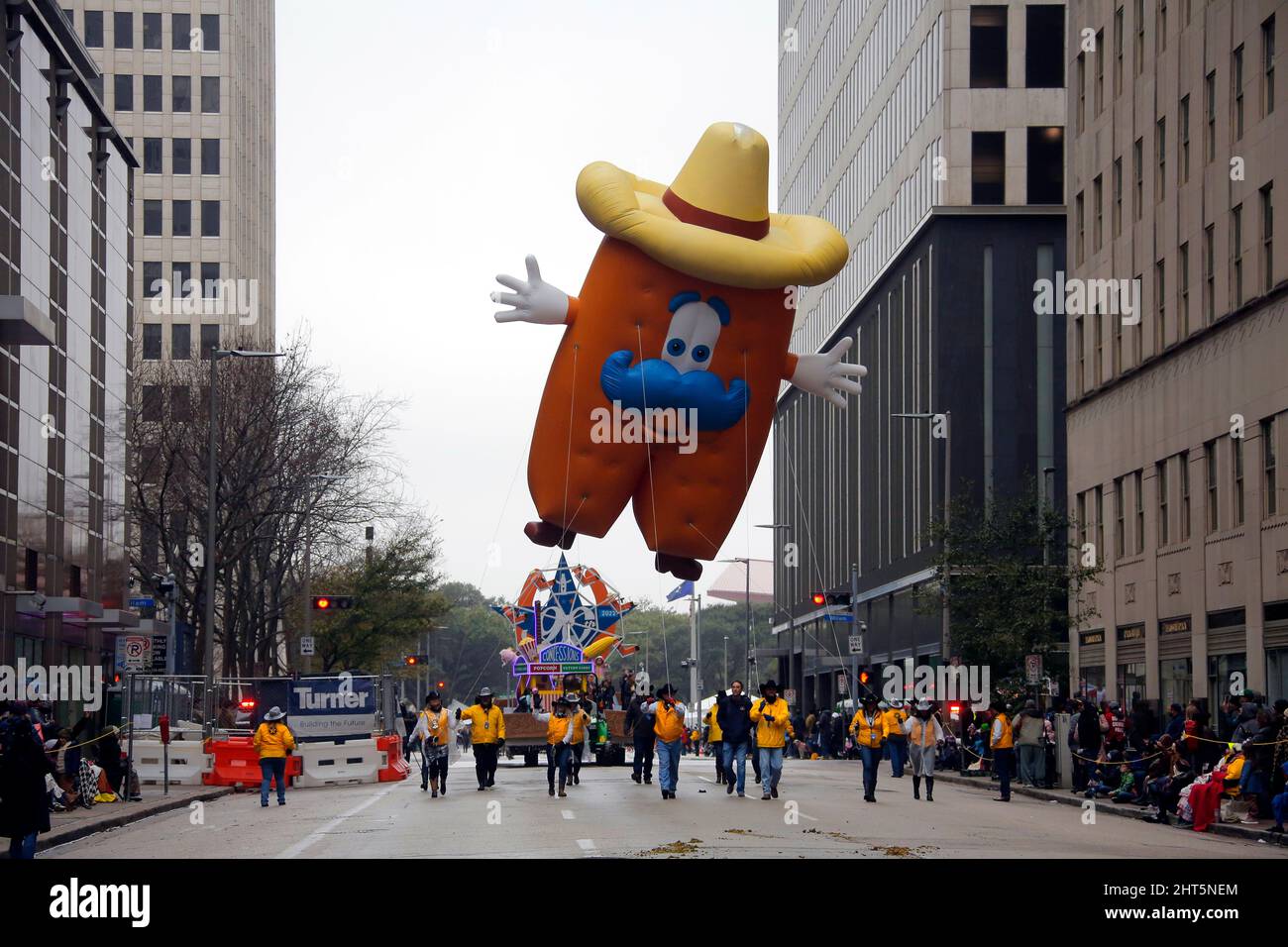 Houston, USA. 26th Feb, 2022. Howdy, the official mascot of the Houston Livestock Show and Rodeo, is seen during the 90th Downtown Rodeo Parade in Houston, Texas, the United States, Feb. 26, 2022. Credit: Lao Chengyue/Xinhua/Alamy Live News Stock Photo