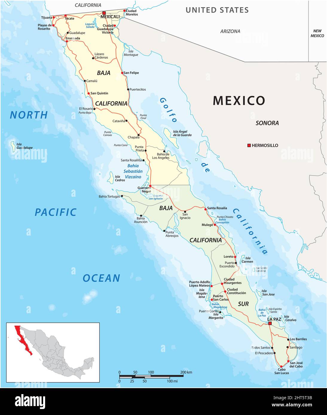 Vector road map of the mexican states of Baja California and Baja California South Stock Vector