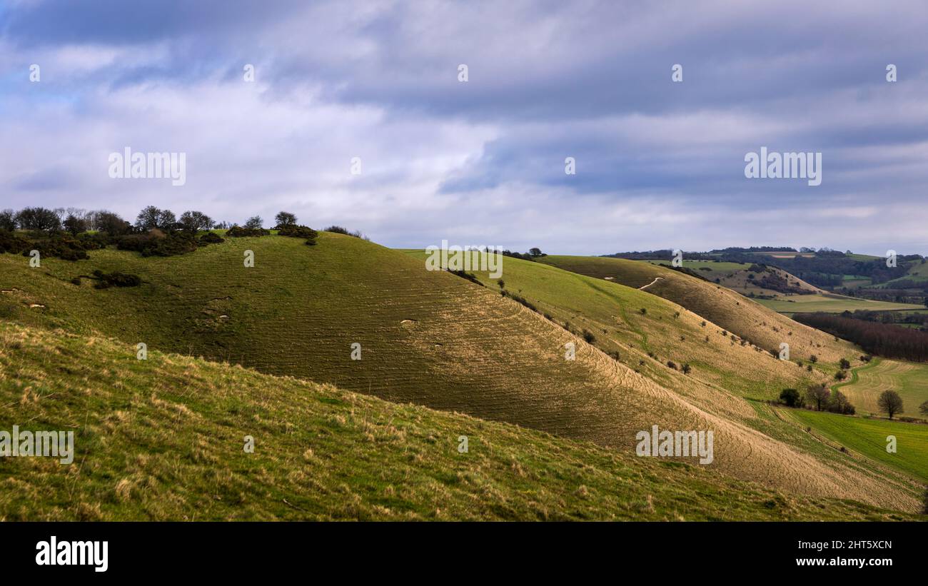 View across Pewsey Downs from the top of Knap hill near Marlborough Wiltshire south west England Stock Photo
