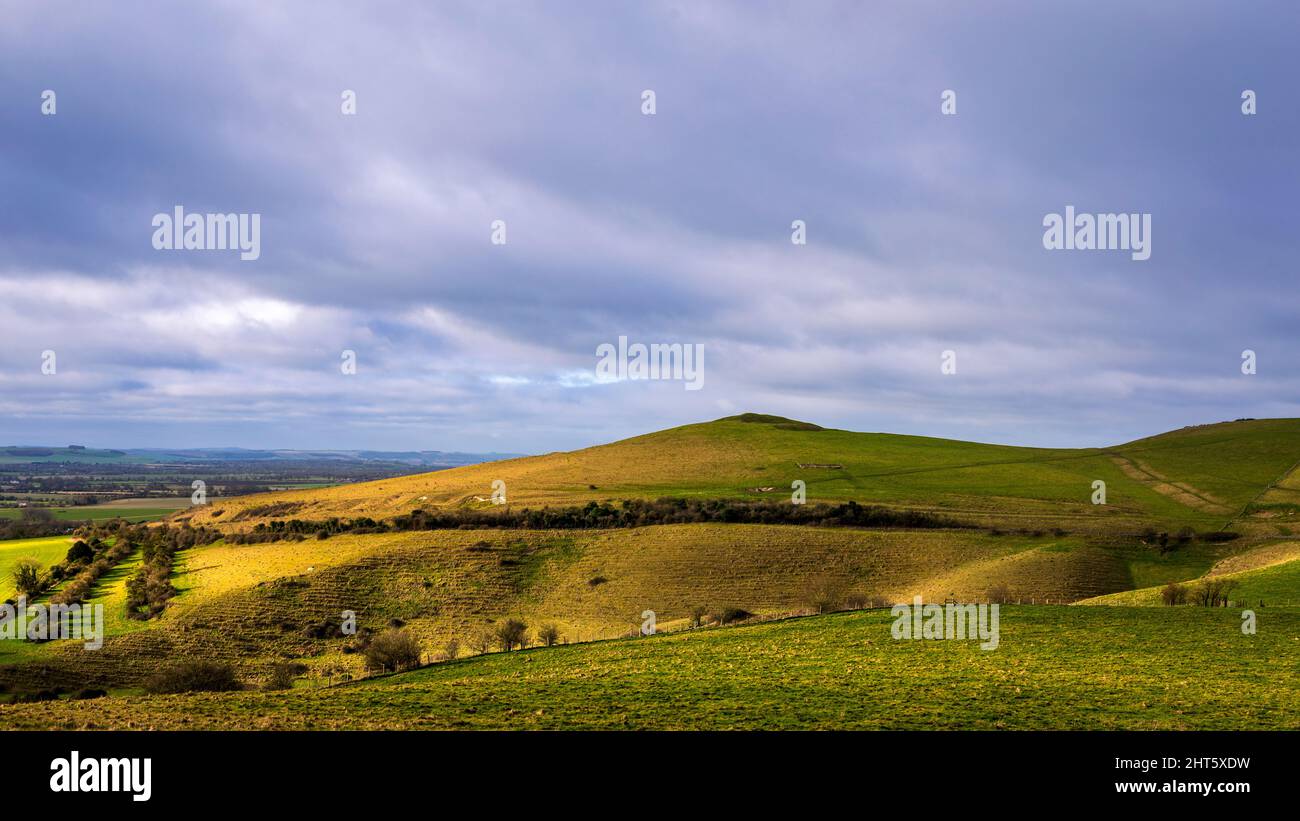 View across Pewsey Downs and Walkers hill from Knap hill Wiltshire south west England Stock Photo