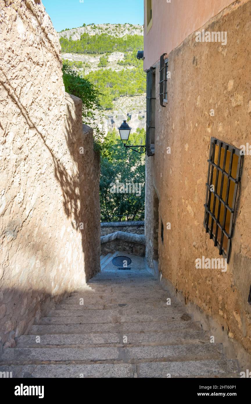 Beautiful view of narrow stairs in the monumental city Cuenca, Spain Stock Photo