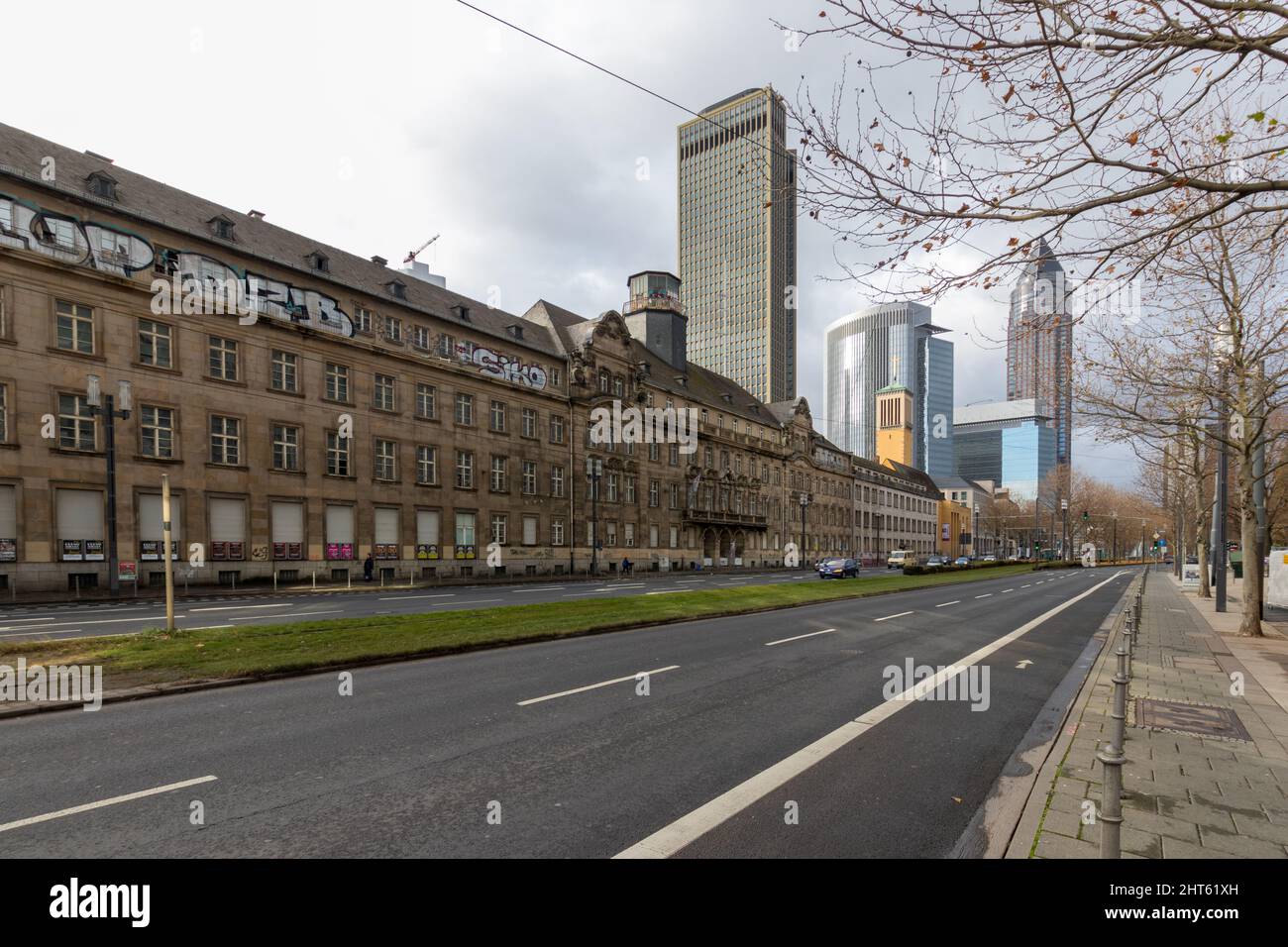 Old police headquarters in Frankfurt with view of the skyline Stock Photo