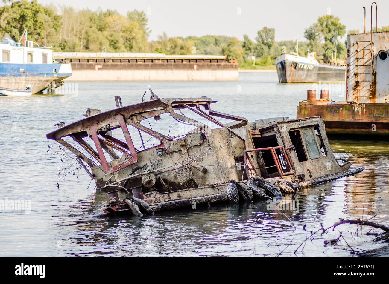 Stranded Old abandoned tanker wreck on the banksof the Danube River in